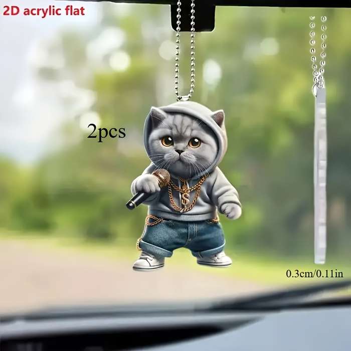 1pc 2D Flat   Acrylic Microphone Blue Cat Car Hanging Pendant for Rearview Mirror Keychain D