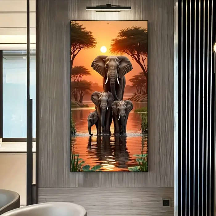 1pc 5D DIY Diamond Painting Kit Elephants and Sunset Scenery Full Drill Round Diamond Art Mosaic Cra
