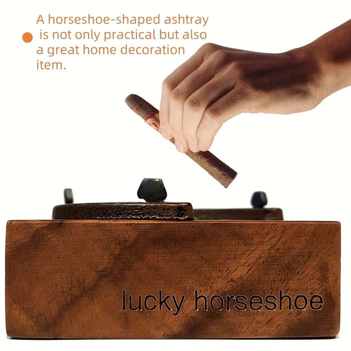 1pc Lucky Horseshoe Wooden Cigar Ashtray with Intricate Carved Floral Design Rustic Cowboy De