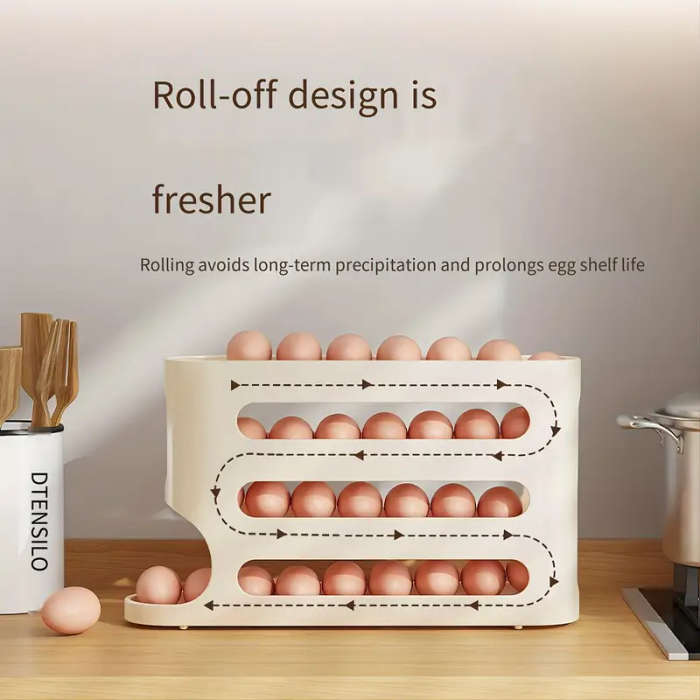 4-Tier Sliding Egg Holder, Large Capacity Automatic Roll-Off Egg Storage Box for Refrigerator Side D