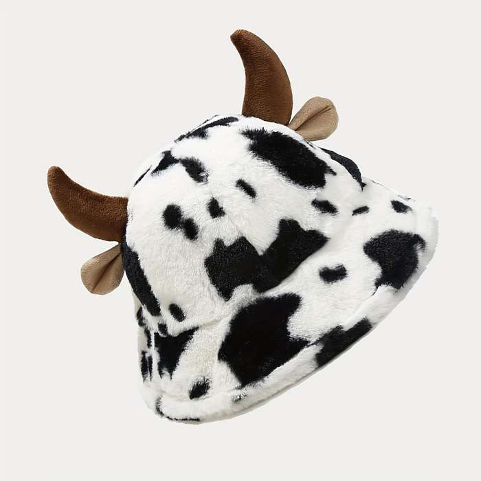 1pc Adorable Trendy Classic Bucket Hat For Autumn Winter Horns Cow Print Pattern Warm Fisherma