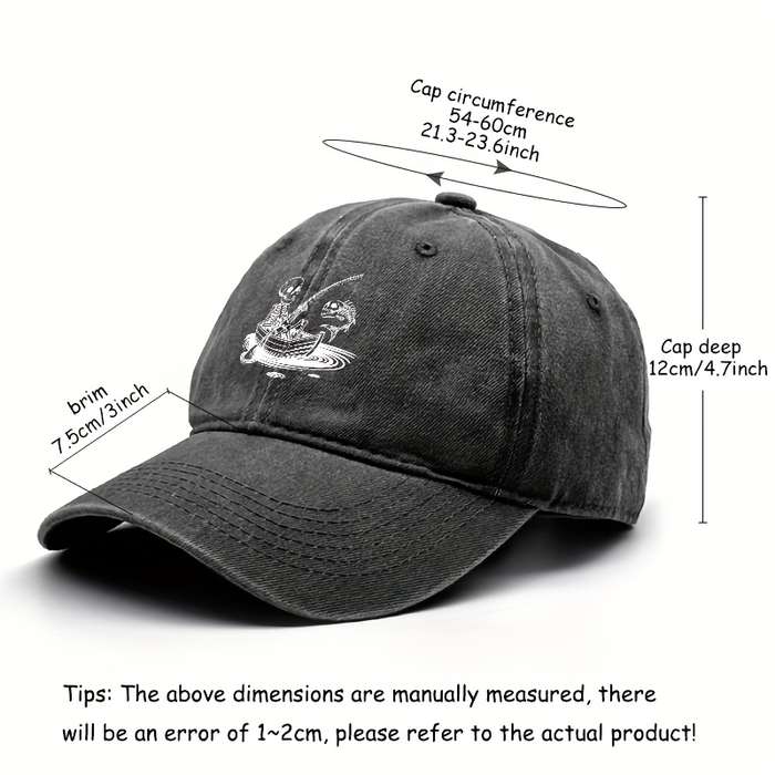 1pc Stylish Unisex Skeleton Fishing Print Baseball Cap Adjustable Snapback Lightweight Cotton D