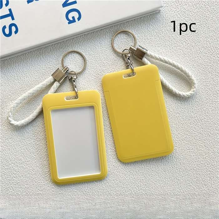 1pc Fashionable Macaron Solid Color Plastic Commuter Card Case with Keychain Hand Washable Non-D