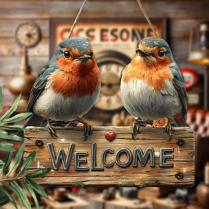 1pc Rustic Robin Wooden Welcome Sign 24.89cmx21.08cm Wall Mount Farmhouse Decor for Home Garden No E