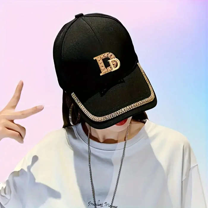 1pc Stylish Black Baseball Cap with Golden Letter D Rhinestone Trim Adjustable Toggle