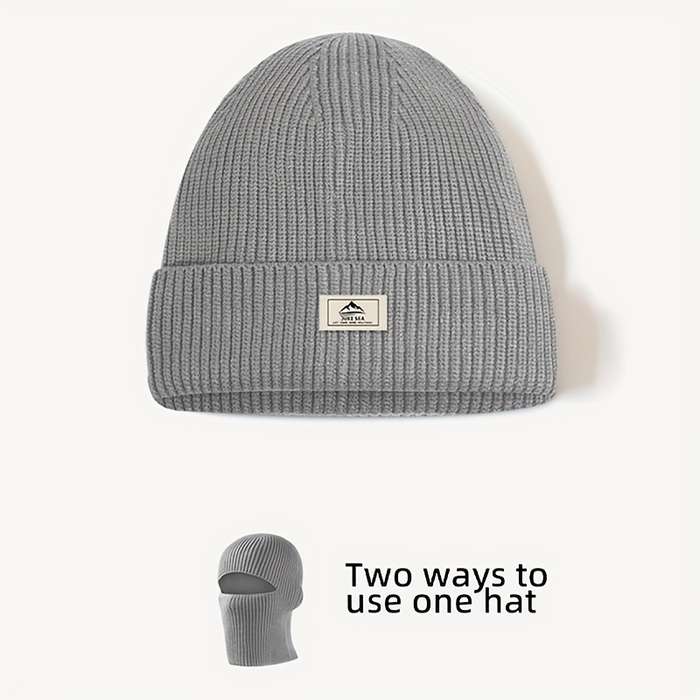 1pc 2-in-1 Polyester Knit Balaclava Beanie Hat with Windproof Face Mask Casual Style 90% Polyest