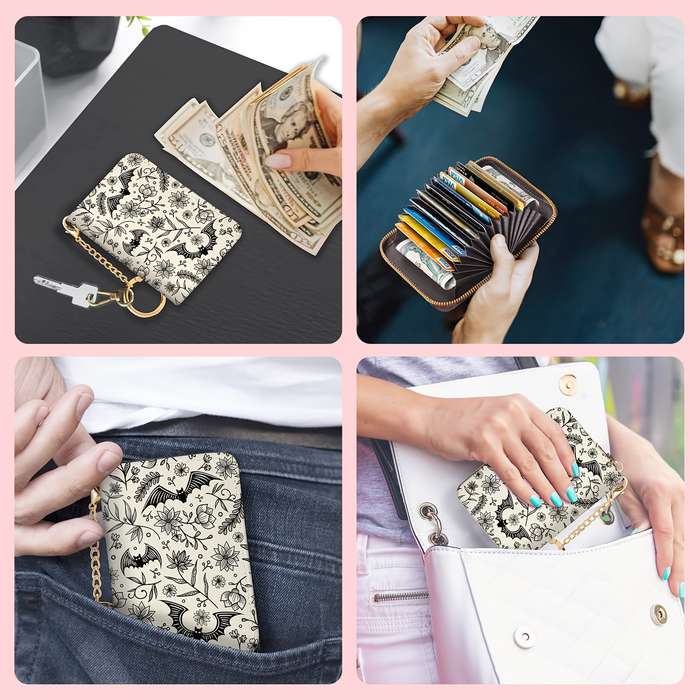 1pc Gothic Bat Zipper Wallet for Women Compact RFID Blocking Card Holder with Keychain Floral