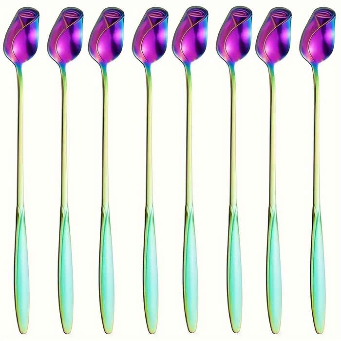 8pcs High-Quality Stainless Steel Rose Flower Spoon Fashionable Design 6.77-inch Long Handle