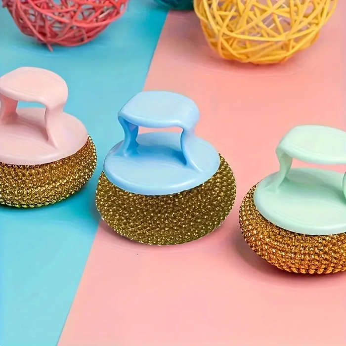2pcs Stainless Steel Sponge Handle Scrub Bru  Kitchen Cleaning Tool On-Scratch Nano Wire Detachable