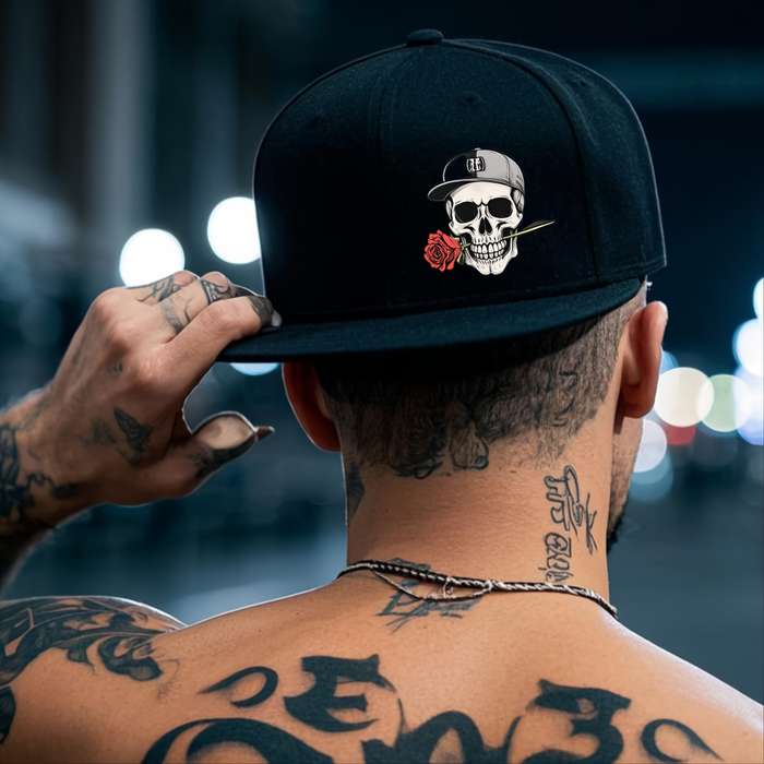 1pc Adjustable Hip Hop Baseball Cap with Skull and Rose Graphic Vintage Style Flat Brim Polyester