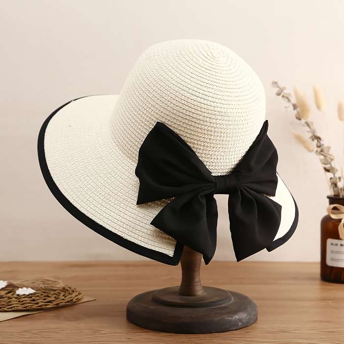 1pc Stylish Wide Brim Straw Sun Hat with Black Ribbon Bow Lightweight Polyester Beach Hat for Wom