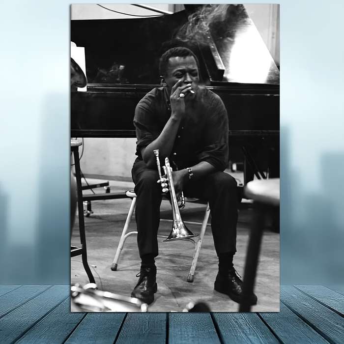 1pc 2D Flat  Miles Davis Music Poster Frameless Canvas Wall Art 30.48x45.72 cm Black Whi