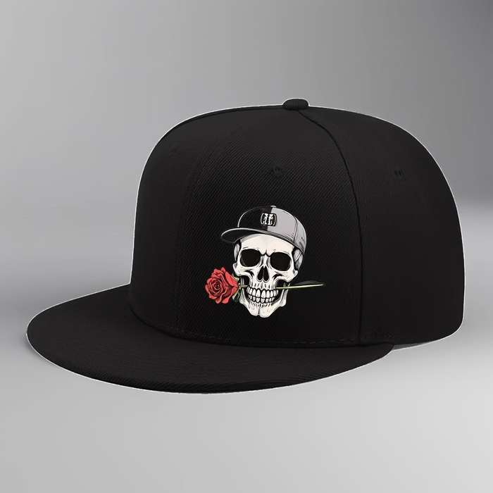 1pc Adjustable Hip Hop Baseball Cap with Skull and Rose Graphic Vintage Style Flat Brim Polyester