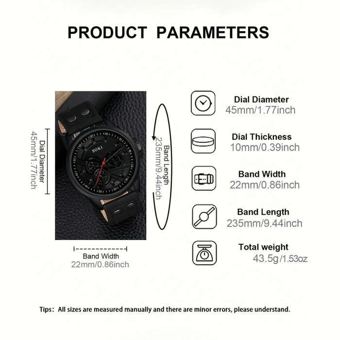 2pcs Men's Sport Digital Watches with Faux Leather Woven Wrap Bands Alloy Case Quartz Movement Black