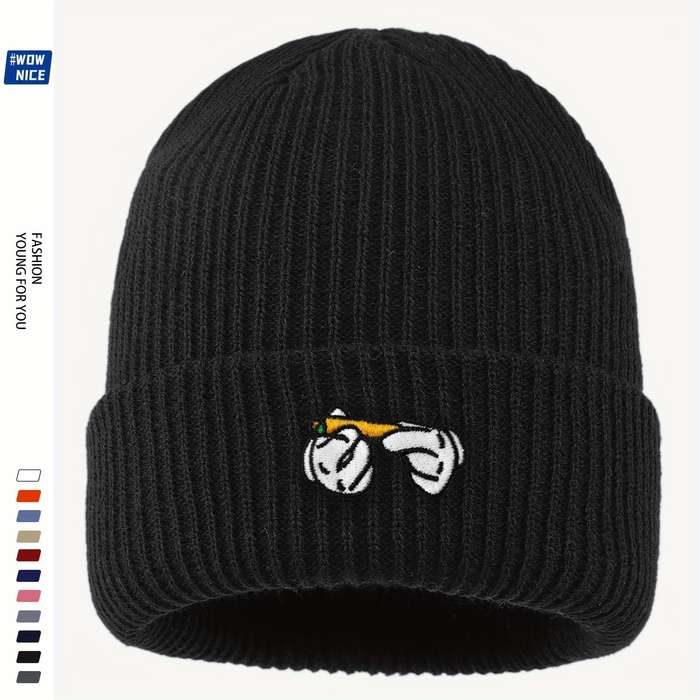 1pc Rendy Leaf Embroidered Acrylic Beanie Unisex Cartoon Cigarette Design Knit Skull Cap Lightwei