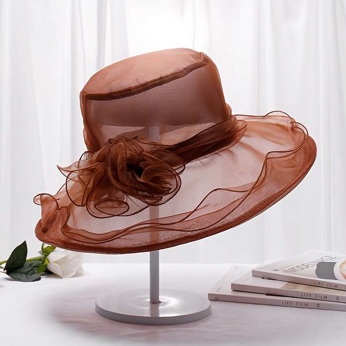 1pc Foldable Flower Organza Sun Hat Elegant Solid Color Mesh Breathable Travel Beach Hats British S