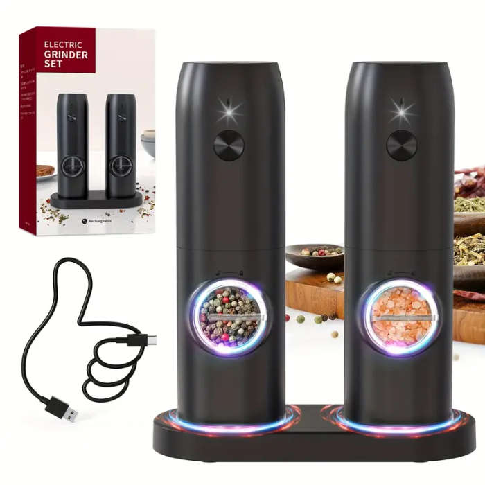 Electric Salt and Pepper Grinder Set Rechargeable Adjustable Coarseness One-Hand Operation Dual Char