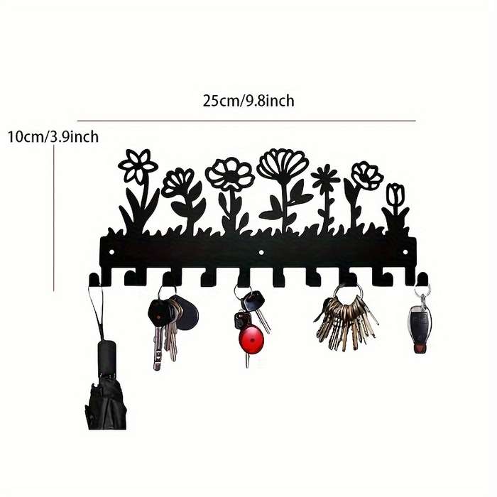 A Floral Design Wall-Mounted Metal Key Hook with 10 HooksMeasuring 24.89 X 9.91 cmSuitable for