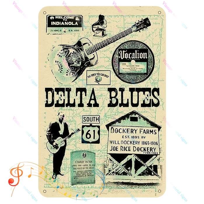 1pc Vintage Delta Blues Metal Tin Sign 30.48x20.32 cm Retro Wall Art with Guitar Player Music-T