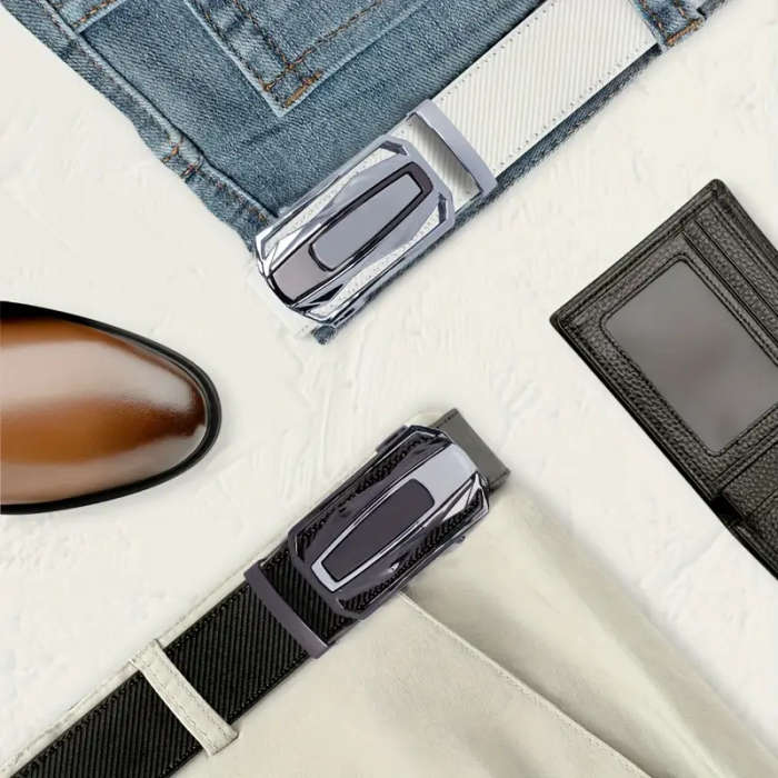 2 Men's Leather Automatic Buckle Belts Black+Tan 125CM