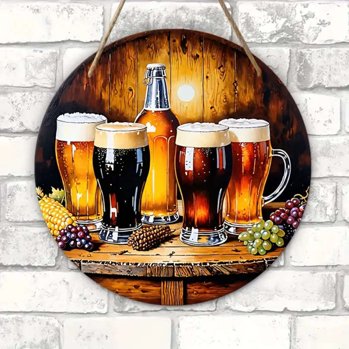 1pc Rustic Beer Mugs Wooden Wall Art 2D Printed Wooden Hanging Decor with Autumn Leaves and Pinecone