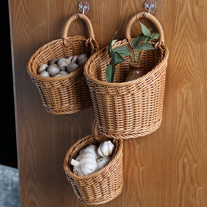 3pcs set (L+M+S) Imitation Rattan Wall Storage Basket Woven Hanging Baskets Kitchen Ginger Ga