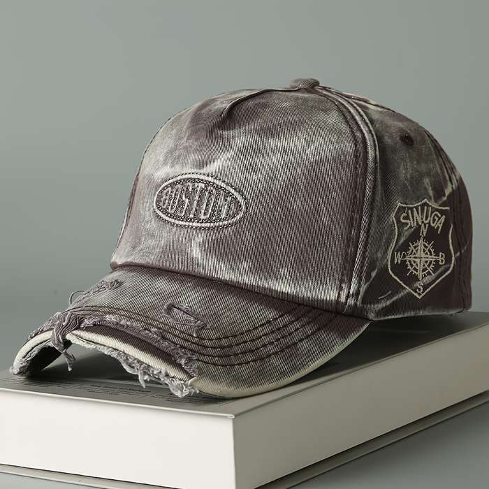 1pc Vintage Washed Denim Baseball Cap with BOSTON Embroidery Lightweight Soft Top Wide Brim