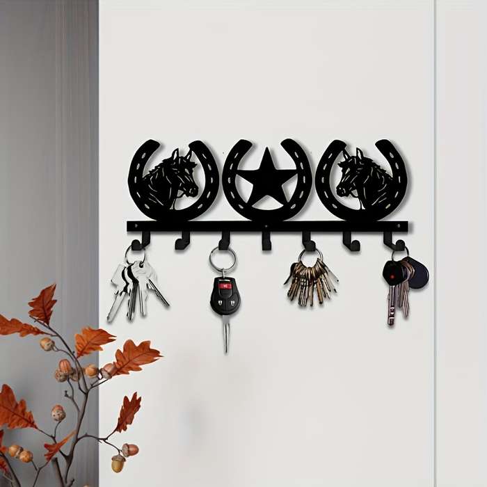 1pc Western Horse and Horseshoe Over-the-Door Key RackMetal Key Holder with Hooks for Jackets Ke
