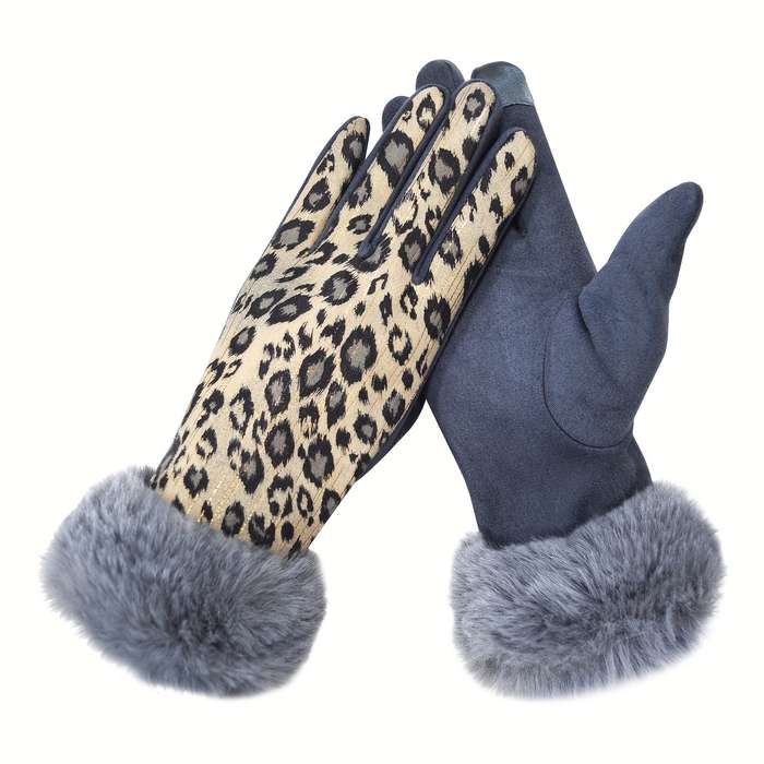 1 Pair Leopard Print Hair Mouth Pink Brown Warm Gloves
