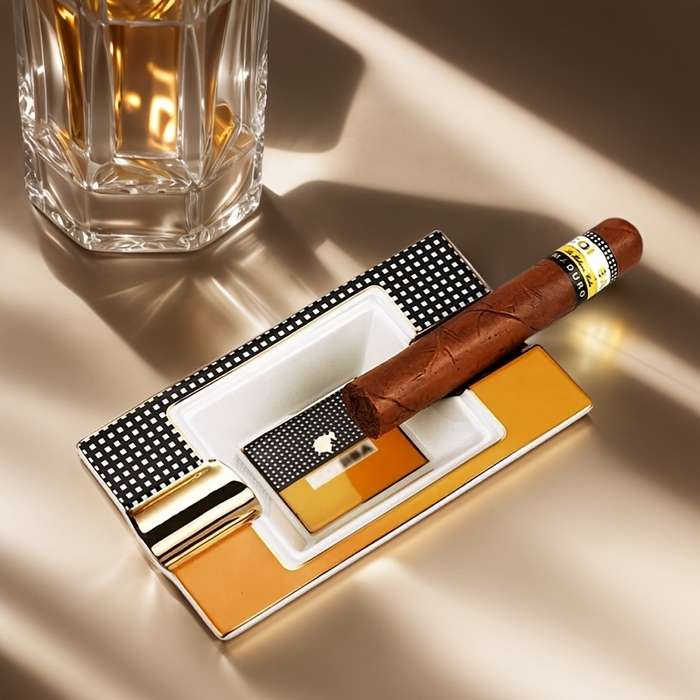 1pc Elegant Ceramic Cigar Ashtray with Dual Slots C Classic Rectangular Design Sparkling Decorativ