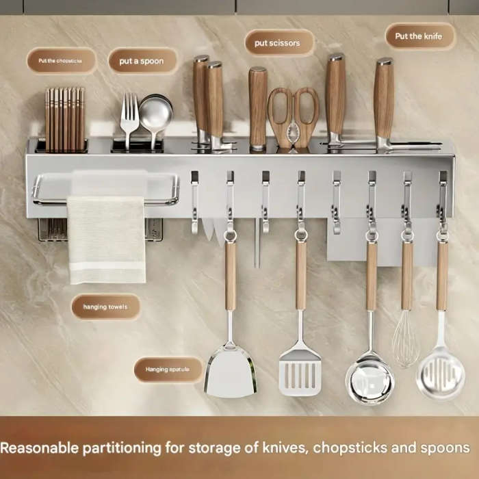 1pc Modern Wall-Mounted Kitchen Rack Carbon Steel Multi-Functional Utensil Holder 30cm