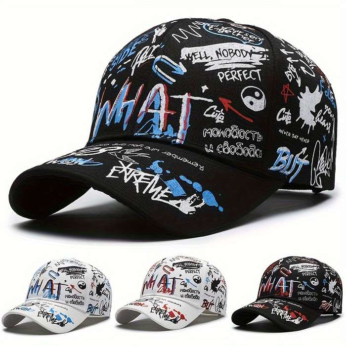 1pc Graffiti Print Hip-Hop Baseball Cap 100% Polyester Lightweight Party Hat with PVC Coating Non