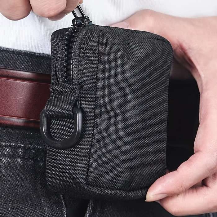 1pc Outdoor Canvas Waist Bag Black Oxford Cloth Secure Zippered Coin Pouch with Clip Durable