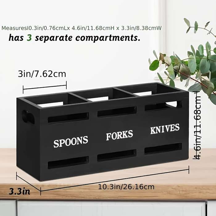 1pc Classic Wooden Kitchen Utensil Rack with Solid Iron Handle 3-Compartment Storage Basket for S