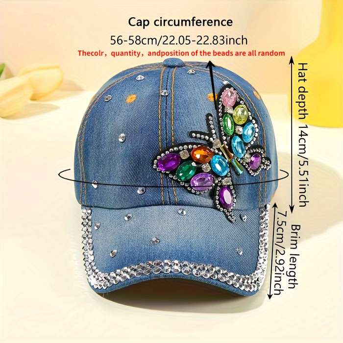 1pc Butterfly Pattern Rhinestone Decor Fashionable Baseball Cap Women's Sunshade Washed Denim Spor
