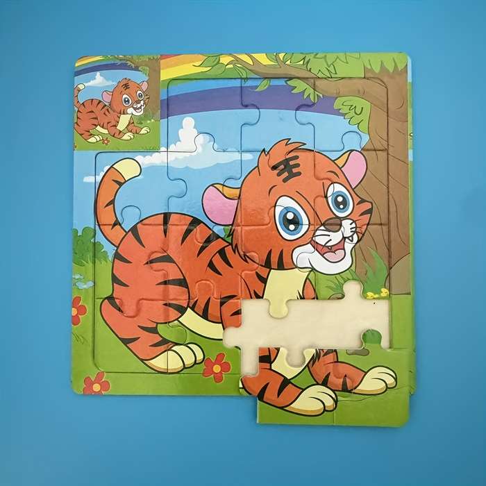 1pc Wooden Tiger Puzzle Vibrant Orange Kitten with Rainbow Flowers Design Ideal