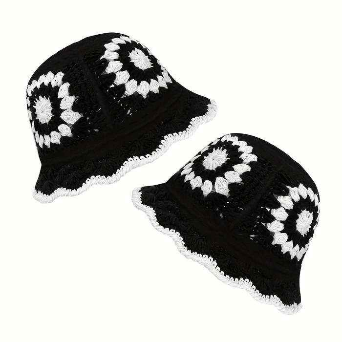 1pc Elegant Retro Floral Crochet Fisherman Hat Classic Color Block Warm Pot Hat Lightweight Breat