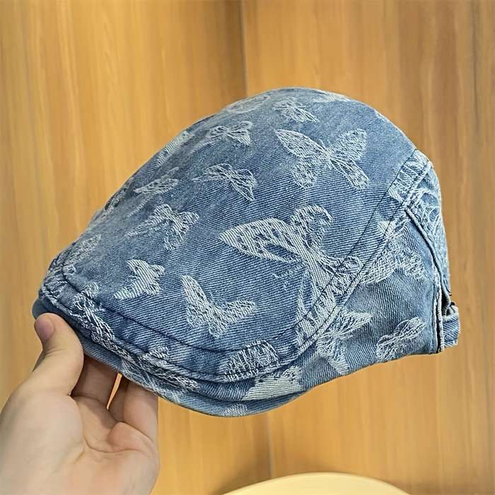 1pc Vintage Butterfly Denim Beret for Women Adjustable Sun-Protective Fashion Cap with Tie-Dye D