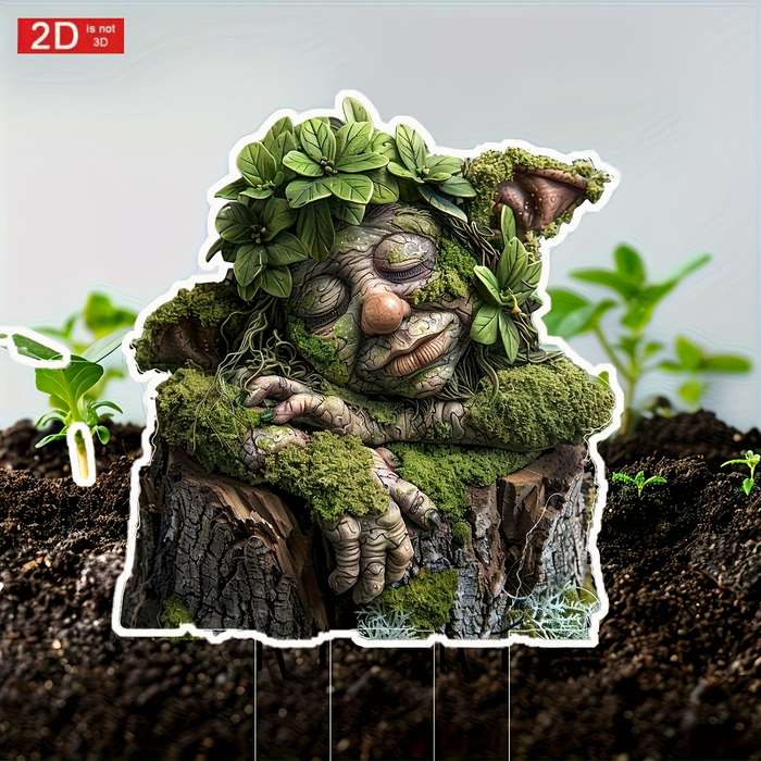 1pc 2D Flat   Acrylic Garden Stake Decoration Whimsical Tree Face Design with Mossy Bark Foli