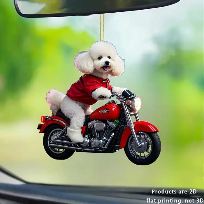 1pc 2D Flat   Adorable Bichon Frise on Motorcycle Acrylic Hanging Ornament Charming Red-Dress