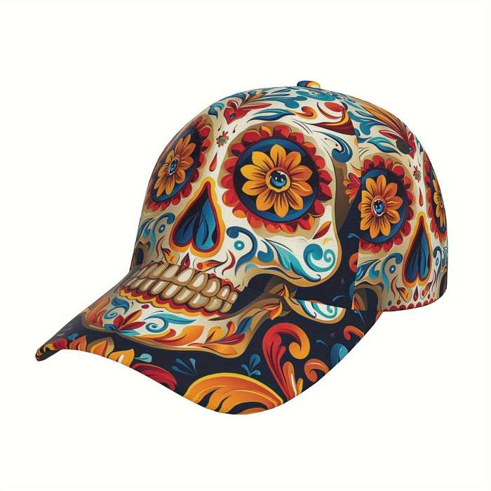 1pc Gothic Sugar Skull Print Baseball Cap Adjustable Breathable Lightweight for Daily Wear O
