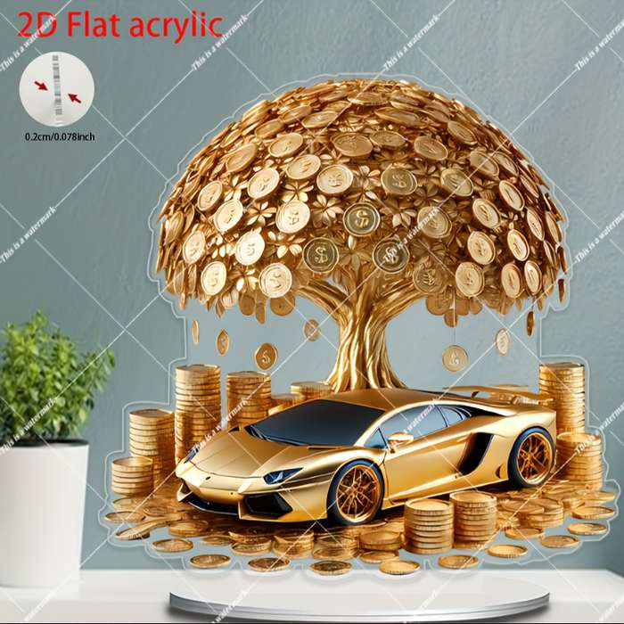 1pc 2D Flat  Acrylic Golden Tree Car Wall Art Bohemian Style  Design No Battery Needed