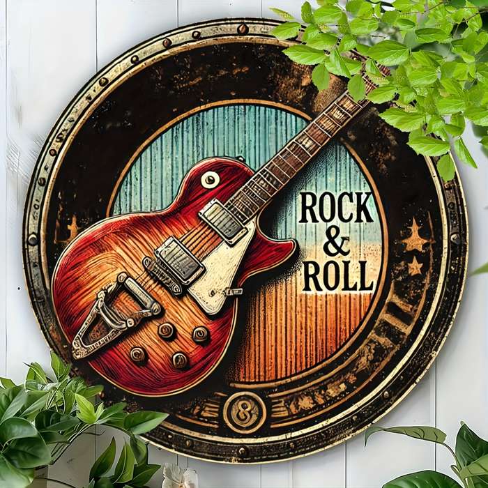 1pc 2D Flat Vintage Rock Roll Guitar Metal Wall Art Sign 20.32x20.32 cm Round Iron Decorative
