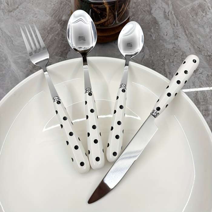 4pcs Stainless Steel Cutlery Set with Polka Dot Ceramic Handles Includes Knife Fork Spoon