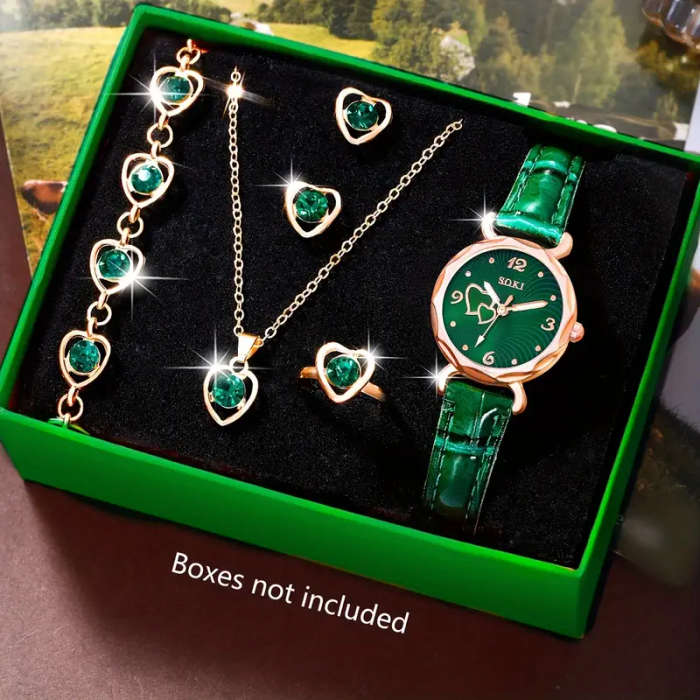 1pc Ladies Fashionable Casual Quartz Watch with Peach Shaped Dial and 5pcs Heart Necklace Earrings
