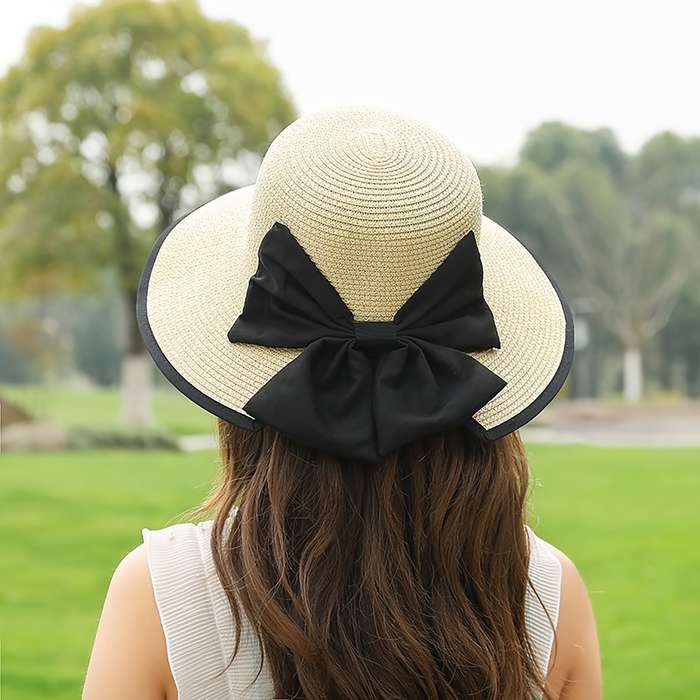 1pc Stylish Wide Brim Straw Sun Hat with Black Ribbon Bow Lightweight Polyester Beach Hat for Wom