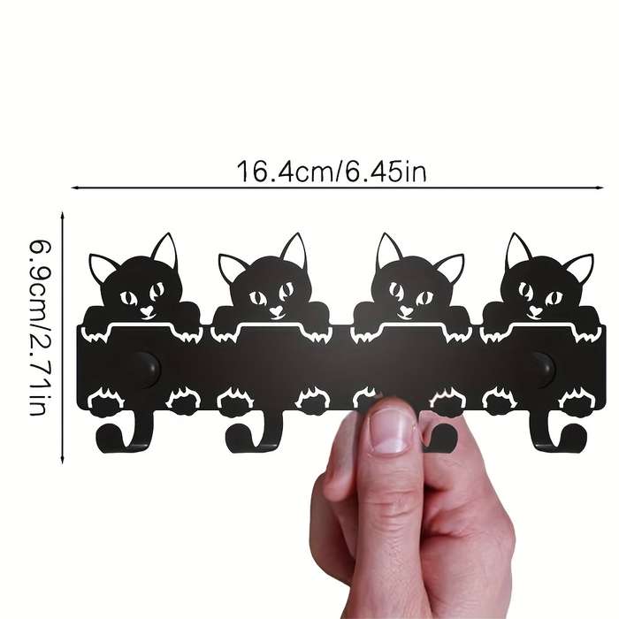 HELLOYOUNG Playful Cat-Themed Black Metal Key RackWall Mounted Decorative Entryway Organizer wit