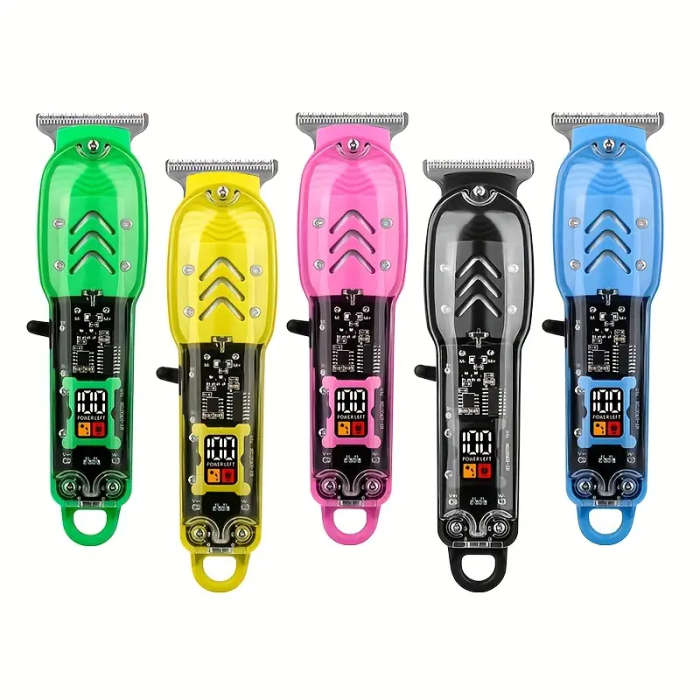 USB Rechargeable Transparent Barber Clippers with Digital Display - 3 Colors (Teal Blue Pink), 10 Se