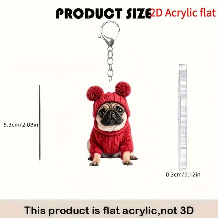 1pc 2D Flat  Keychain Keychain  Cute And Charming Pug Acrylic Keychain Fashion Animal Pendant