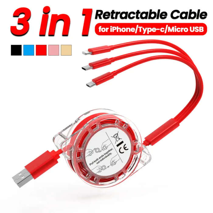 3 In 1 Retractable Multi Fast Charger Cable Random Colors